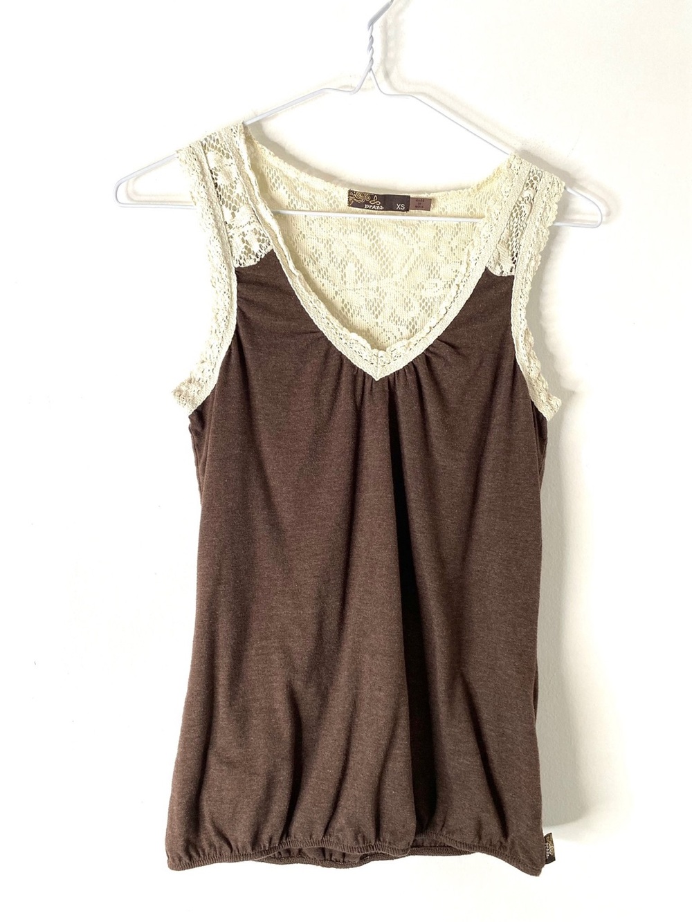 Prana Chocolate Brown & Ivory Lace Combo Tank V-Neck Elastic Hem